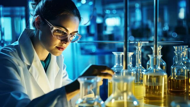 Scientist's Insight in Laboratory: A dedicated scientist, fully immersed in her work within a laboratory, diligently analyzes chemical compounds. Lit by an artful arrangement of soft light.
