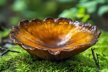 A vibrant amber mushroom nestled in verdant moss