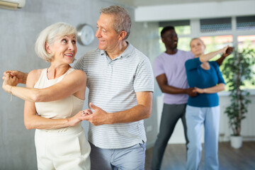Fototapeta premium Group of multiethnic mature active people dancing social dance movements in studio