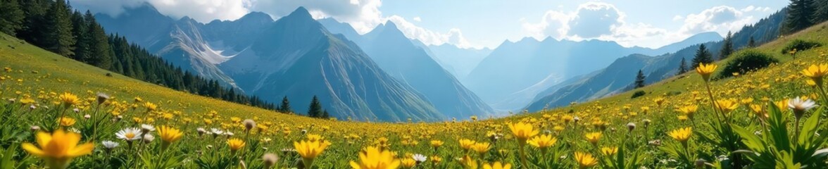 Fototapeta premium Serene high-altitude meadow bathed in sunlight, wildflowers blooming amidst towering peaks Perfect for travel, nature, and environmental themes , outdoor, picturesque, summer