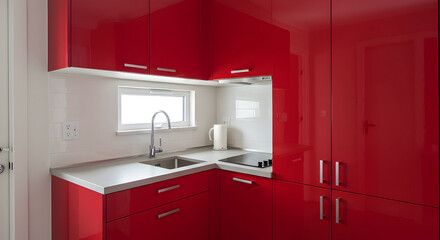 Vibrant Red Kitchen Design with Sleek White Accents and Bright Natural Light