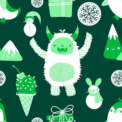 Winter monsters seamless Christmas yeti pattern for wrapping paper and fabrics