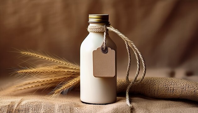 Neutrales Etikett an Cremeflasche mit Kordel und Jutestoff