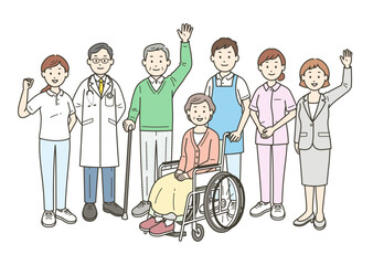 高齢者夫婦と家族と医師と看護師と介護士とケアマネージャーが集合して手を振る全身イラスト
