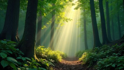 Obraz premium Sunbeams filtering through dense forest canopy, dappled light on the forest floor, creating magical atmosphere Perfect for nature, fantasy, or environmental themes , sunbeams, golden hour, sunlight