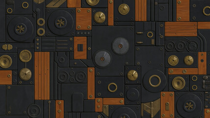 Obraz premium A detailed industrial-style collage pattern made of black metal and warm brown wooden elements arranged in a geometric composition.