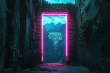A neon portal reveals a futuristic cityscape with mountains and a map, set in an overgrown alley.