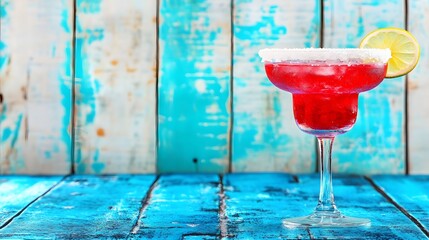 Refreshing Red Margarita Cocktail on Blue Wooden Background