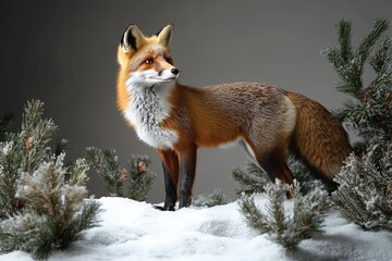 Obraz premium A majestic red fox stands alert in a snowy landscape with frosted pine branches on a grey background.