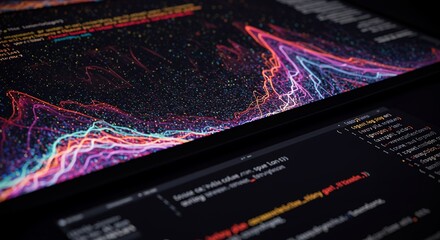 Abstract Digital Code Lines on Black Screen with Data Visualization and Futuristic Technology Theme