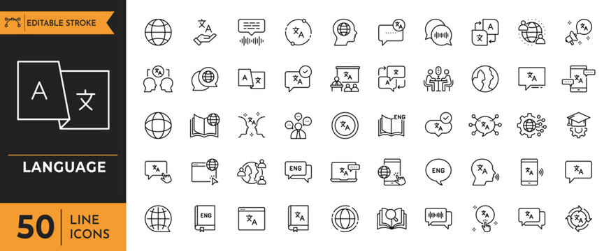 Language outline icon set. Contain icons related to International Languages, Translation, Speaking, Writing, Listening, and More. Editable stroke. Vector illustration