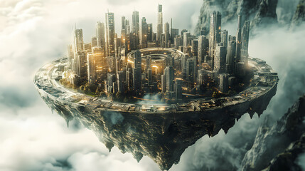 Floating city model on a swirling base. [Ocular City] | Sentinel Focus | guard vision. Illustration