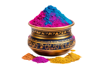 Holi colors or powder in traditional a pot isolated on transparent background
