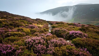 Fototapeta premium Highland moor with wild heather and rolling fog
