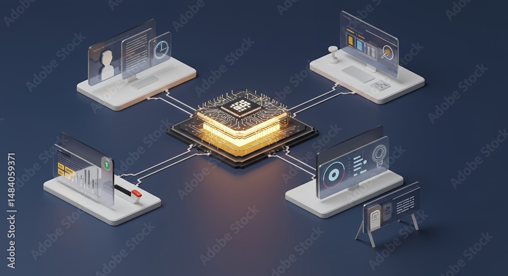 Poster centralized network system with glowing core connecting multiple isometric computers in a dark blue 
