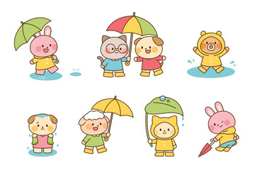 Cute animal characters wearing raincoats and holding umbrellas in rainy weather. Adorable bunny, dog, cat, bear, and sheep enjoying the rain.
