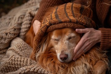 Gentle drying of a labrador retriever by caring hands during cozy bath time and pet grooming