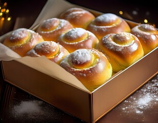Goldbraune Hefebrötchen mit Puderzucker in einer Schachtel