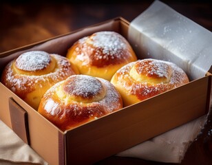 Goldbraune Hefebrötchen mit Puderzucker in einer Schachtel