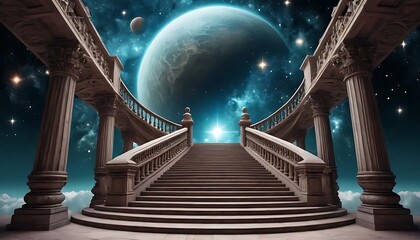 Stairway to celestial realms, inviting ascension towards a cosmic landscape and planetary wonders.