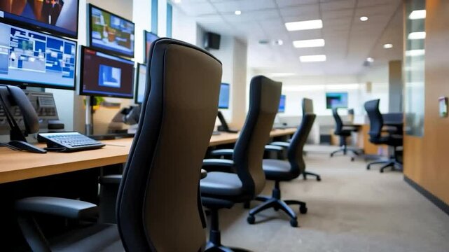 Modern office with multiple computer monitors and empty chairs ready for work