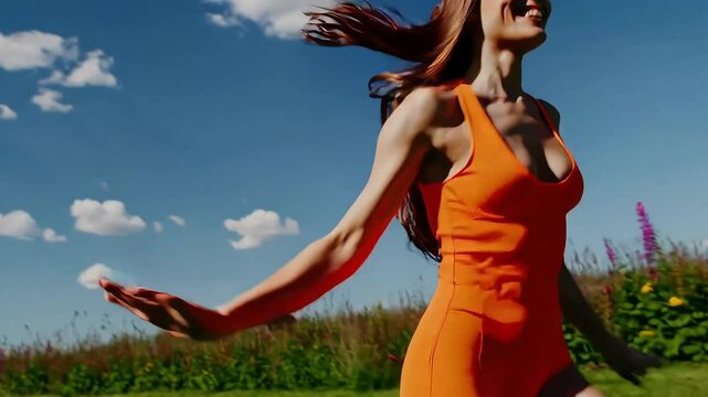 Young woman dancing in a field of flowers under a bright blue sky, full of joy and freedom.