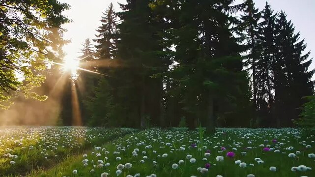 Dusty sunrays cutting through forest trees at dawn, highlighting the magic of morning light