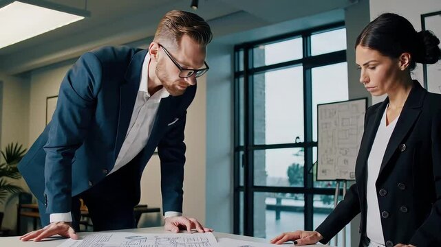 Corporate team discussing architectural plans in modern office setting, teamwork concept.
