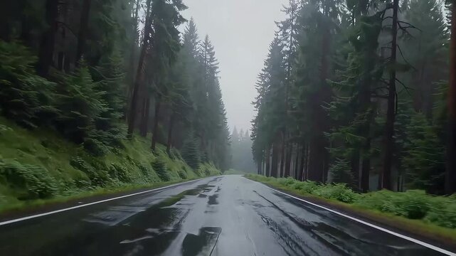 Rainy forest road with mist and towering trees, evoking solitude and cinematic atmosphere.