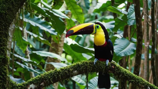 Close-up of a toucan perched in a tropical jungle, showcasing vibrant wildlife.