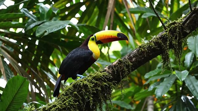 toucan perched on a branch in lush greenery, emphasizing tropical biodiversity.