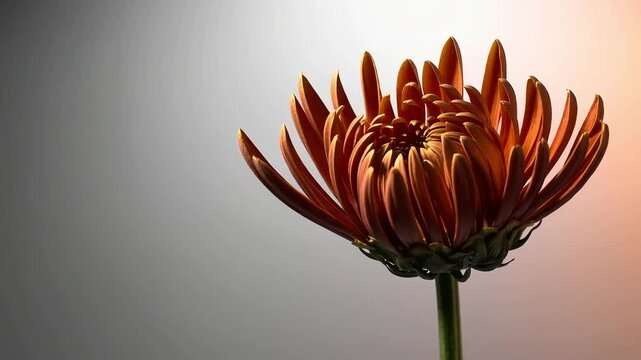 Artistic backlit shot of an orange chrysanthemum flower on a minimalist white background.