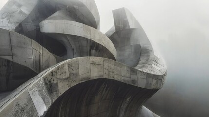 A futuristic building with a complex, geometric structure, featuring irregular concrete blocks and smooth curves, set against a misty backdrop.