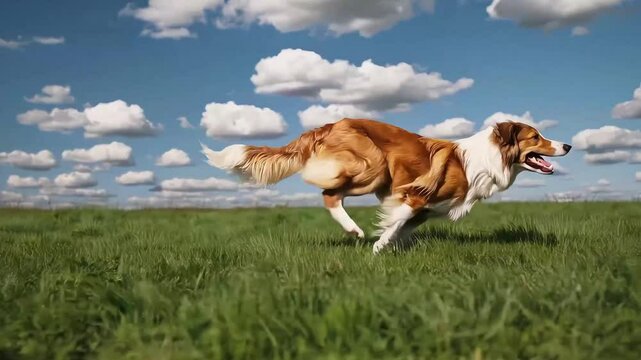 Energetic dog sprinting through grassy terrain, perfect for action and lifestyle pet footage.