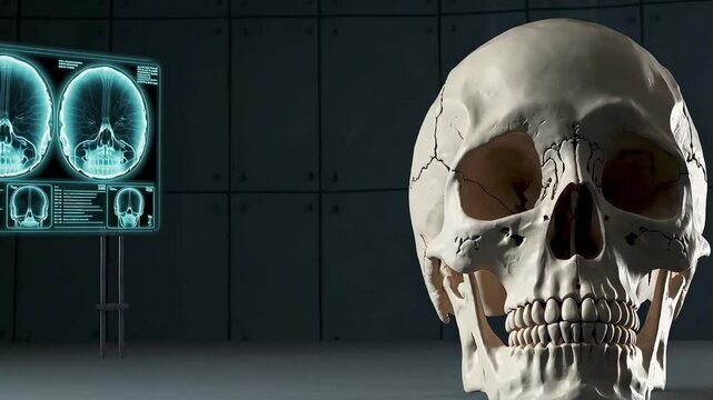 3D skull model beside X-ray display in a clinical room, perfect for science or tech themes.