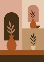 abstract minimalist boho art. Decoration and background. Plants, vases, geometric shapes, neutral colors, pink, brown, beige, organic
