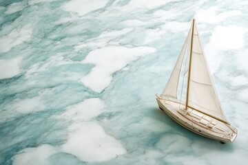 A stunning sailboat model with white sails is displayed on a beautifully patterned marble surface, exuding elegance and serenity.