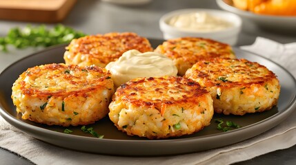 Fototapeta premium Delicious seafood cakes served on a plate with dipping sauce.