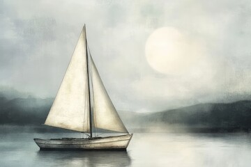 A peaceful scene showcases a white sailboat gliding smoothly across calm waters under a bright moon.