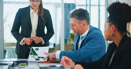 Investor, review or business people with meeting in presentation for teamwork, collaboration or...