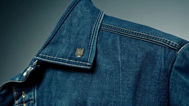 side view 360 degree video of a neatly folded blue denim jacket rotating with cinematic lighting in a modern wardrobe fashion apparel concept