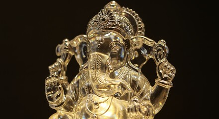 Obraz premium Elegant Crystal Ganesha Statue with Elephant Head and Intricate Details on Dark Background Symbolizing Hindu Divinity and Asian Spiritual Tradition