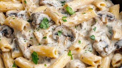 Creamy mushroom pasta dish with garnishes.