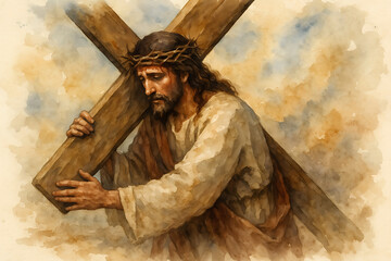 A man holding a wooden cross in his hands. The man is Jesus Christ. The painting is of a religious nature