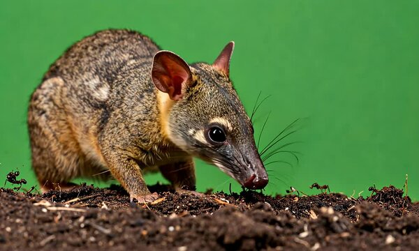 A small quoll on dirt looking down