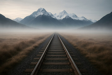 A train track in the middle of a field with mountains in the background. The train is not visible