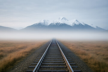 A train track with a foggy mountain in the background