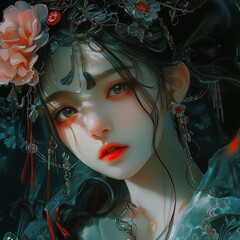 A woman with a flower headdress and red lipstick. The woman is wearing a white dress and has a very pretty and elegant look