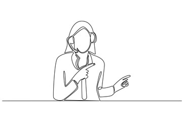 Continuous one line drawing of Young woman with headphones. Single line drawing illustration of Woman call center agent. Customer service concept vector art. Doodle line illustration.