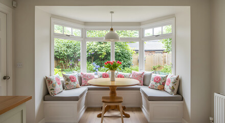 Fototapeta premium Charming Nook Featuring Built-In Seating And Lush Exterior View With Tulips